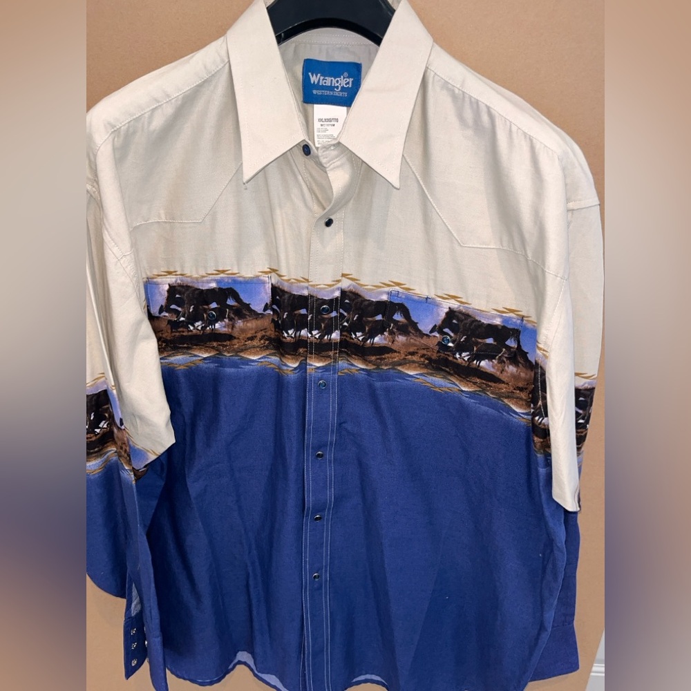 Vtg WRANGLER Pearl Snap WESTERN Rodeo Cowboy Ranch Shirt Mens Sz XXL Wild Horses